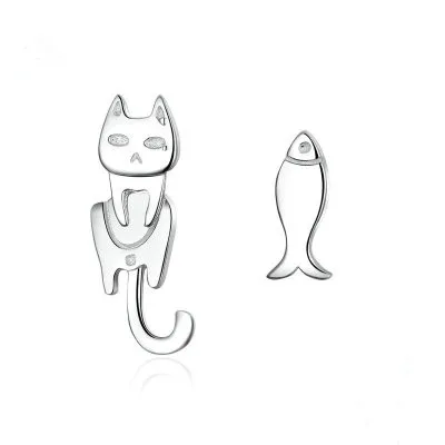 

Pure 925 Sterling Silver Cat and Fish Stud Earrings Simple Design for Girls