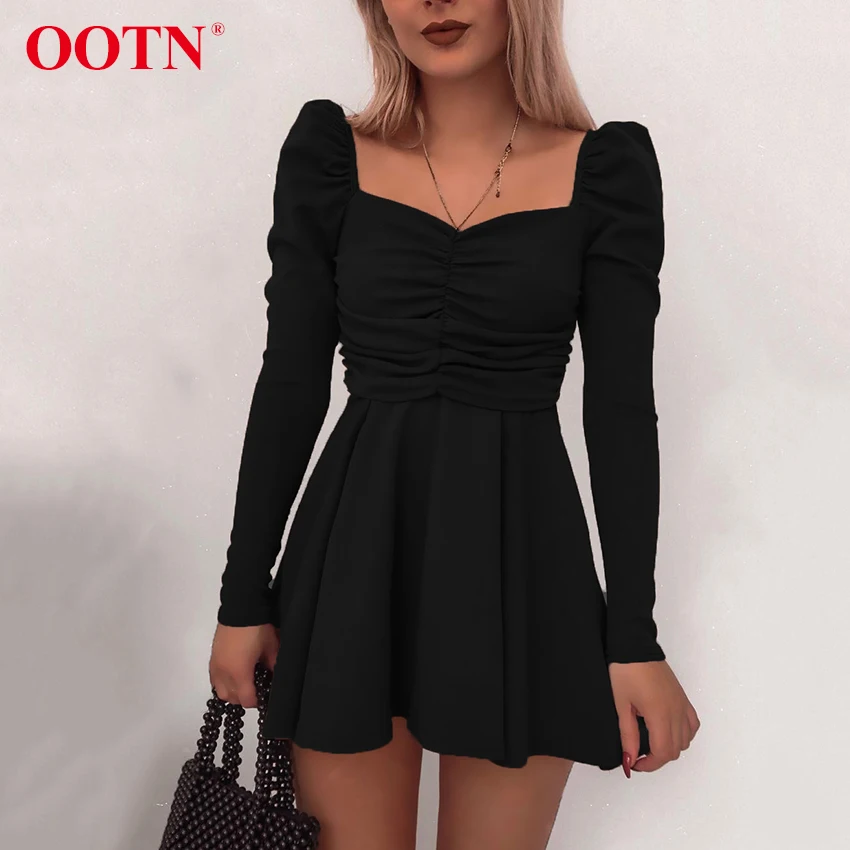 

OOTN Casual Autumn Spring A Line Mini Dress Ladies Black Ruched Square Neck Tunic Womens Dresses Puff Sleeve Sexy Short Dress