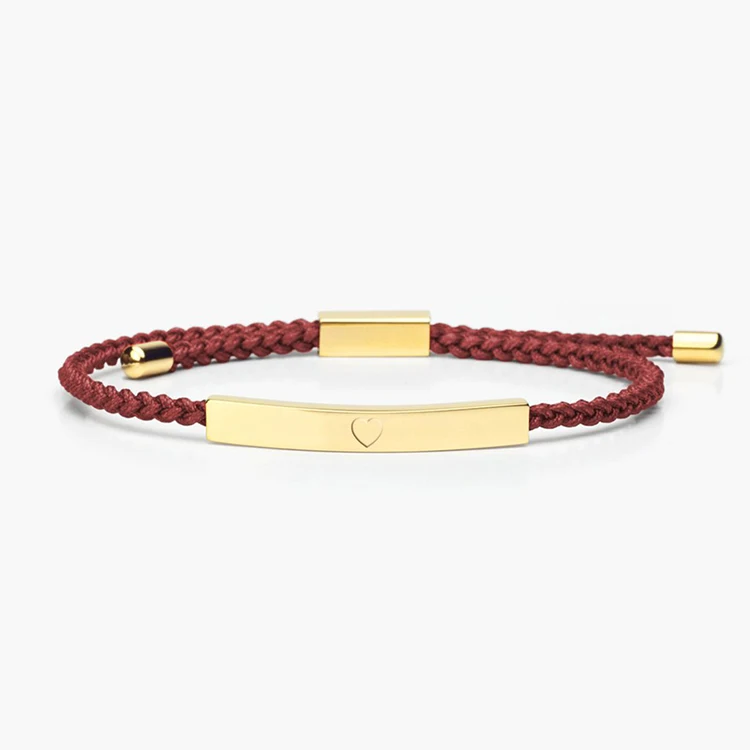 Top selling stainless steel gold curved bar bracelet engraved heart handmade braided adjustable rope bracelet for women