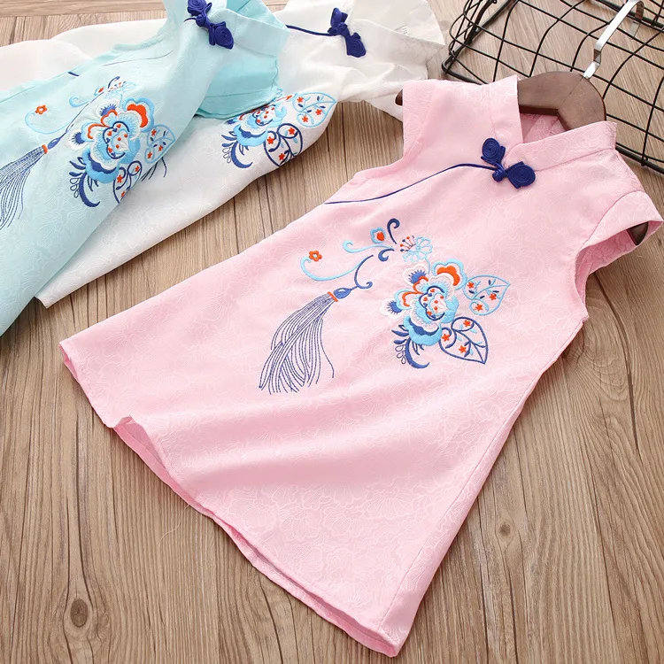 
Chinese dress qipao children summer jacquard cotton embroidered girl dress ethnic style cheongsam dress kids 