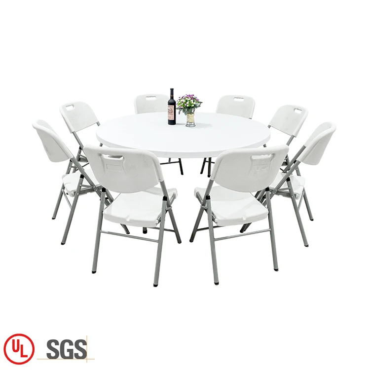 Outdoor Dining Room White Folding Furniture Sets Plastic Round Folding Table And 8 Chairs