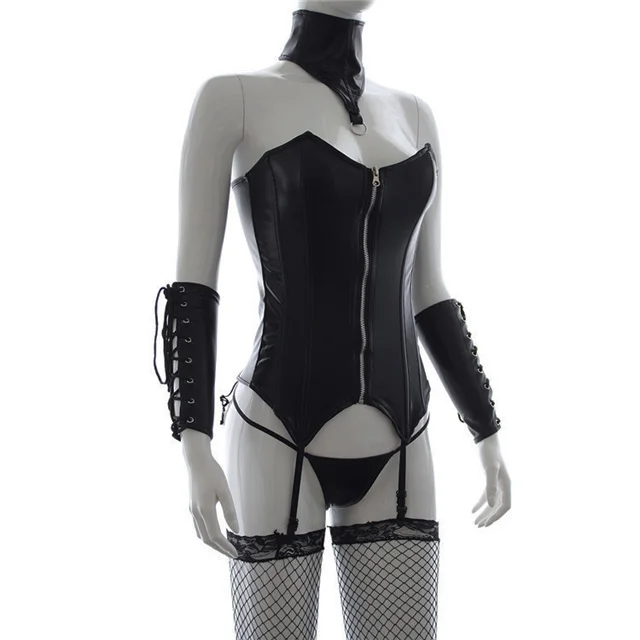 

Leather Bondage Clothes Black Fetish Garter Cervical Collar Cuff Patent PU Clothing Stage Clothes