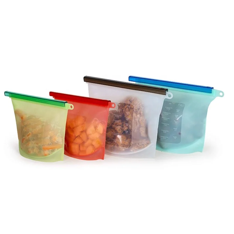 

RoHS food safe High Quality Silicone Storage Bags Reusable Food Bags Silicone Food Container  Customized Package, White, green, red, blue