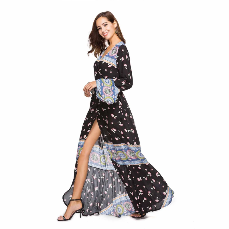 

Flare Sleeve Two Tone Dress Shirts XXXL Side Slit Boho Print Long Dress, Shown as picture boho print long dress