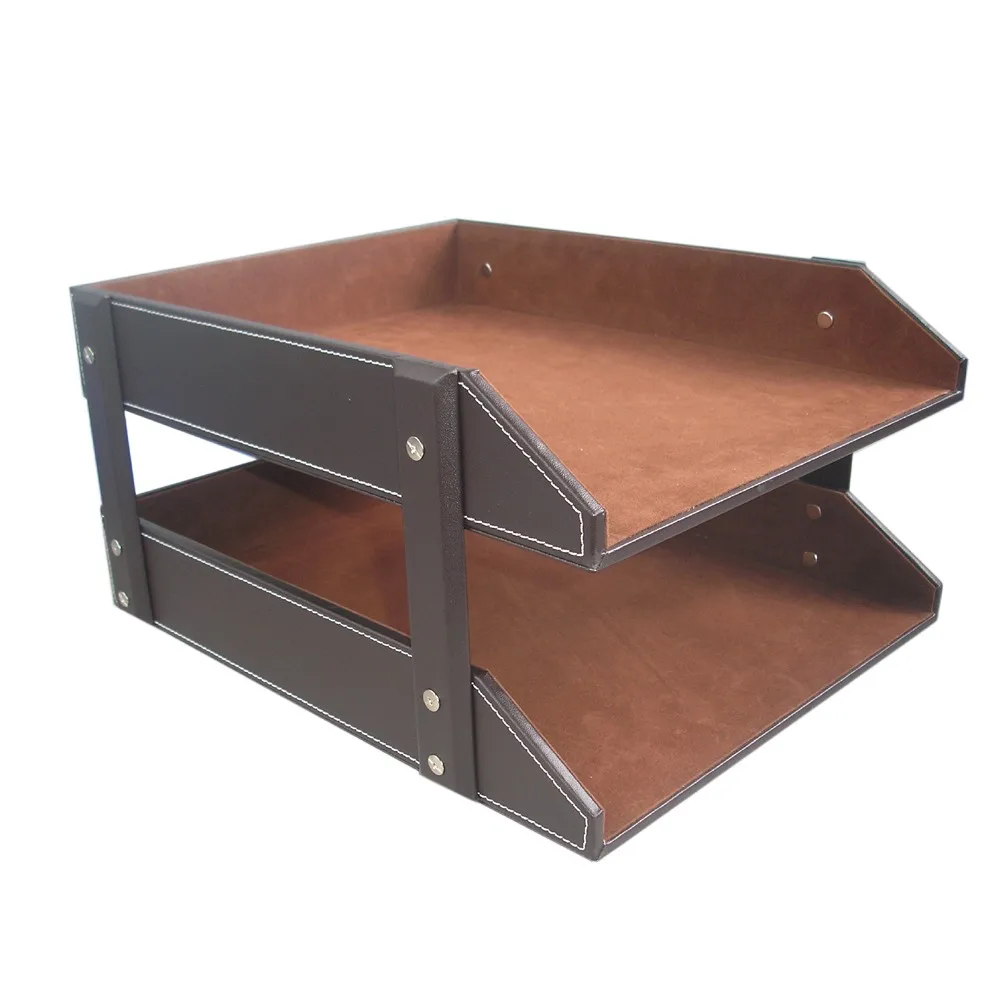 Brown A4 Pu Leather Desktop File Organizer Office 2 Layer File Tray