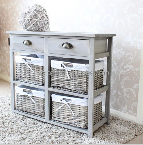 Vintage Grey Range Two Drawer And Wicker Basket Storage Unit