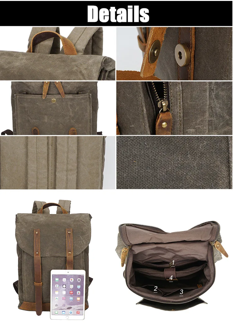 European retro vintage style water waxed resistant canvas back pack bagpack rucksack knapsack backpack bag