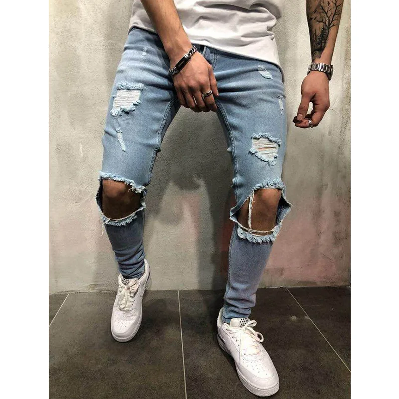 

Fashion Men Jeans Hip Hop Cool Streetwear Biker Patch Hole Ripped Skinny Jeans Slim Fit Mens Clothes Pencil Jeans