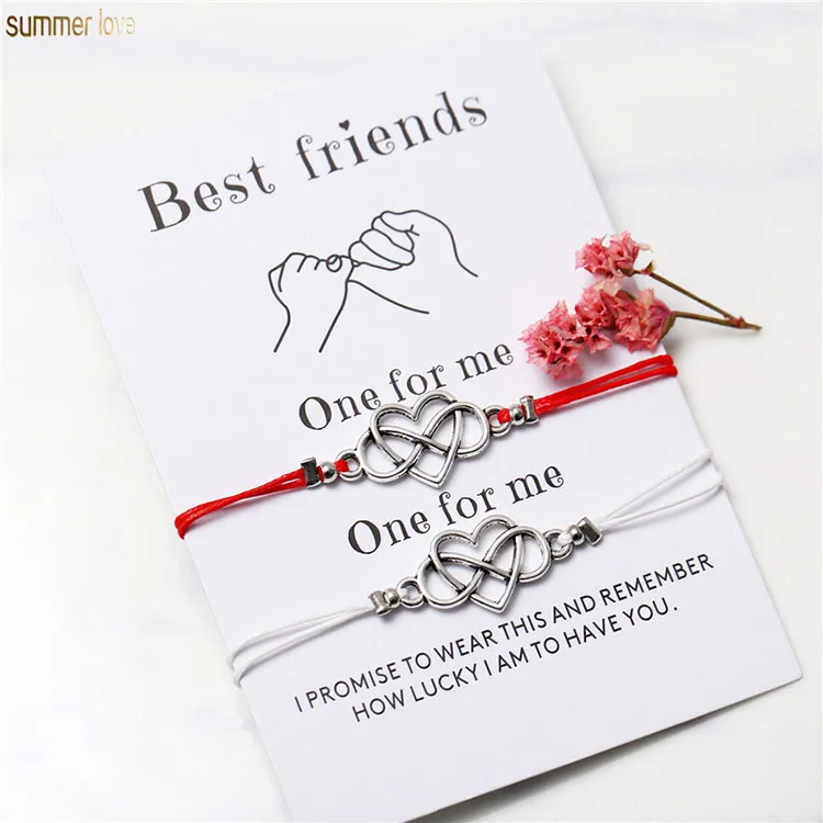 

2pcs/set Boho Couples Best Friends Heart Infinite Wing Knot Contrast Rope Bracelets Set with Wish Card, Colorful