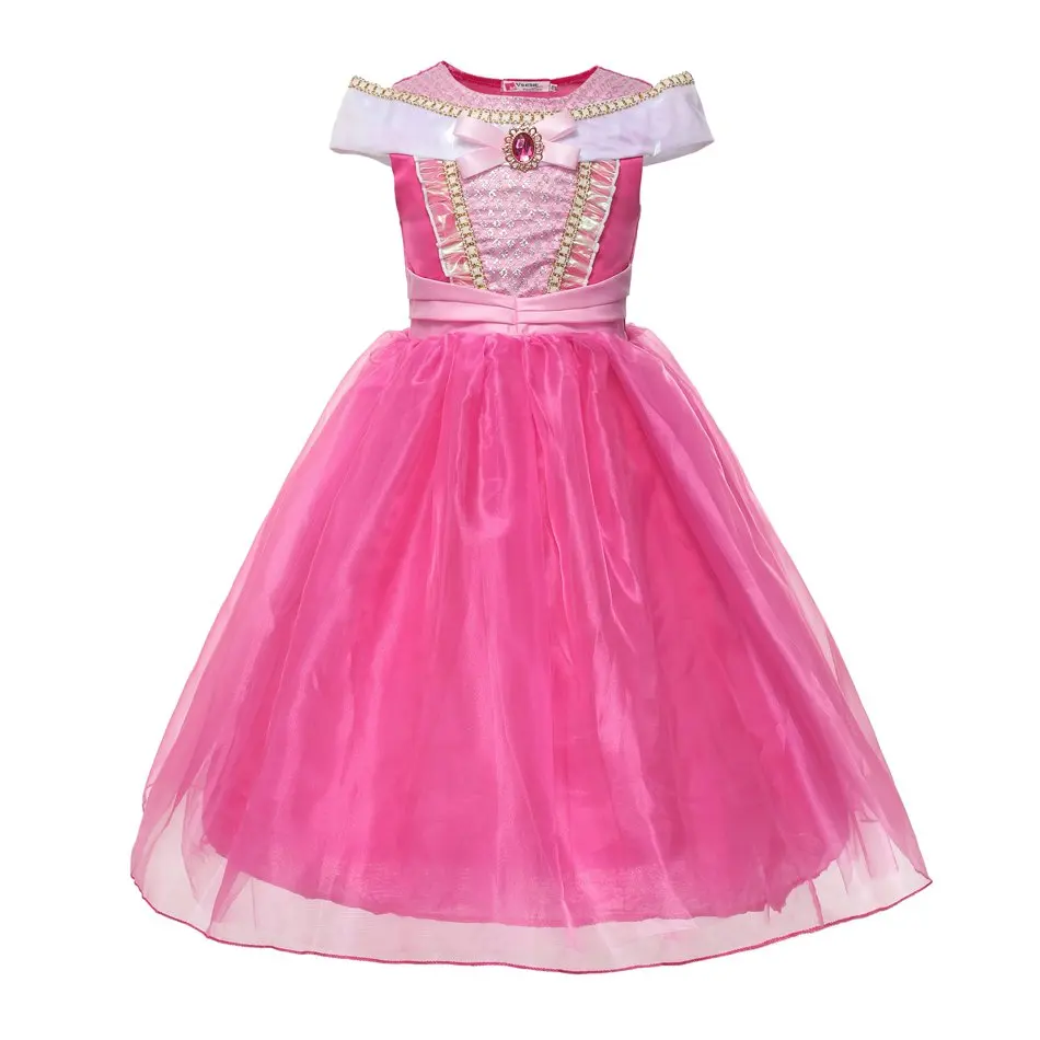 

Girl Princess Sleeping Beauty Dress up Clothes Sleeveless Bare Shoulder Aurora Cosplay Costume kid Halloween Party Dress, Pink