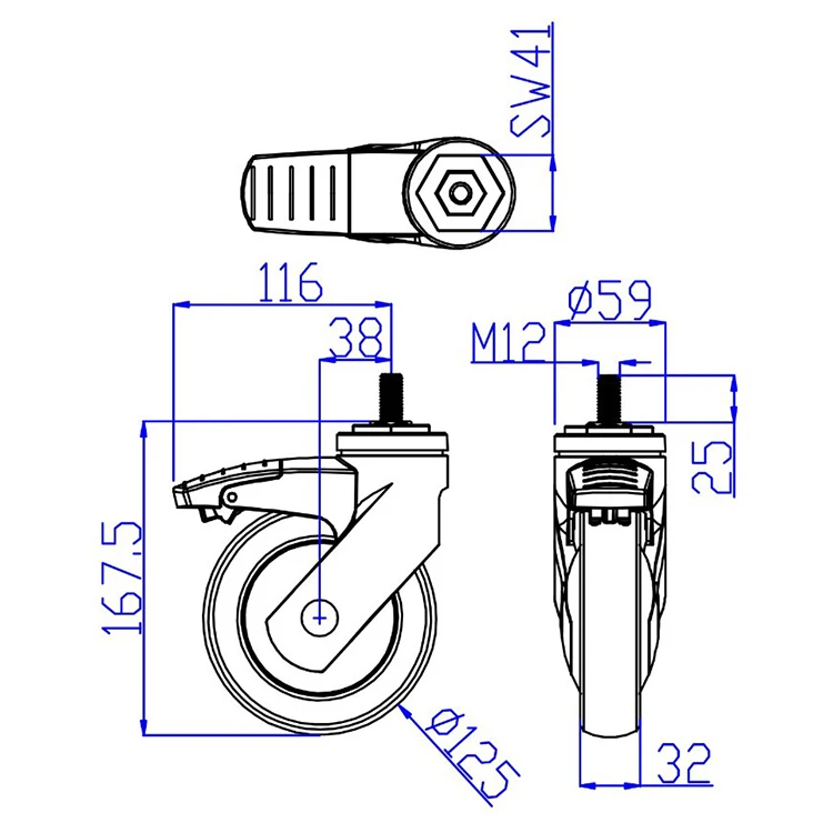China 5 Inch M12 Screw Stem Ball Bearing TPR Medical Caster Wheel