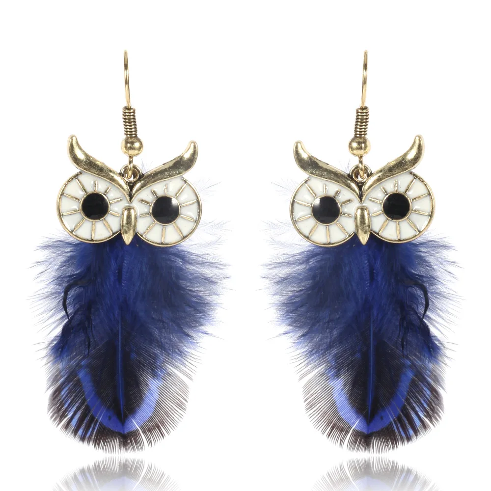 

Fashion Korea Style Owl Earrings With Fish Hook In few Colors Popular Feather Earrings For Lady 2019 New Bohemia Jewelry