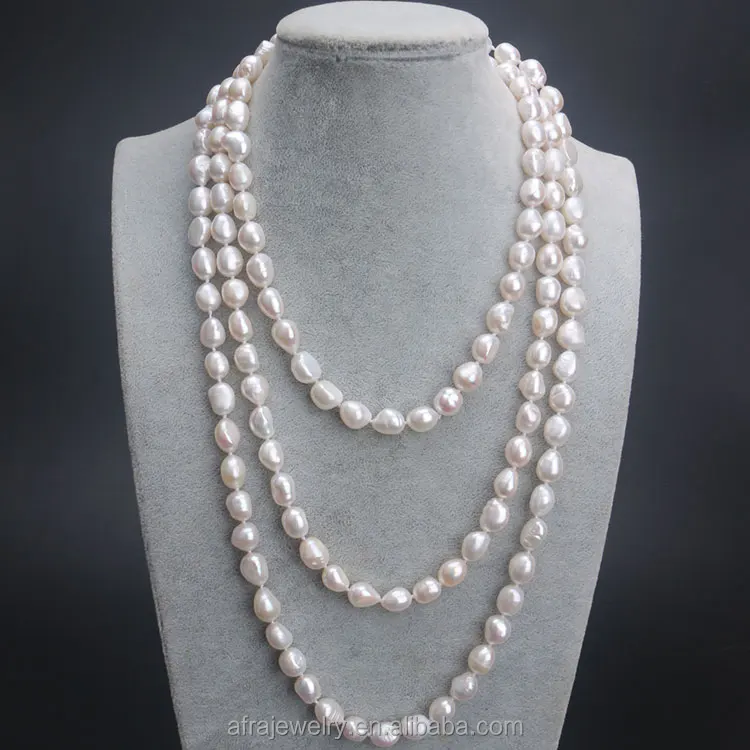 

8-10mm AA Cheap 63 Inches Endless White Irregular Shaped Long Baroque Pearl Necklace Jewelries, N/a