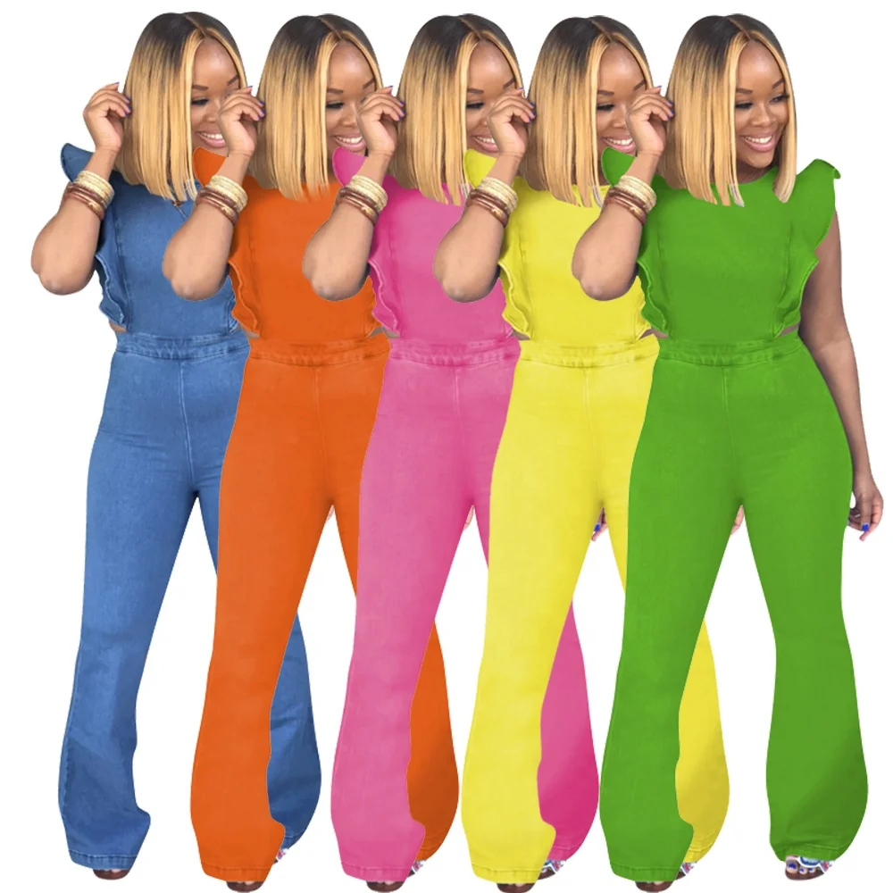 Wholesale 5 colors 2019 fashion women denim jumpsuit hot selling flare jeans