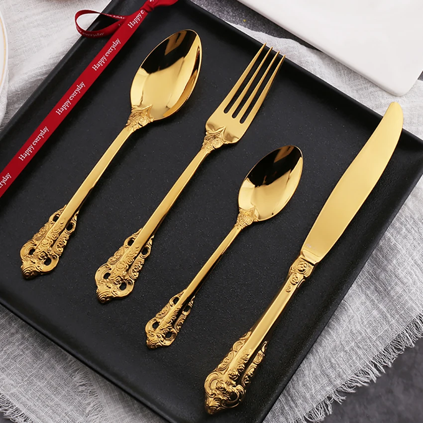 

Factory Direct Luxury 4 pcs Stainless Steel Flatware Set Gold Cutlery