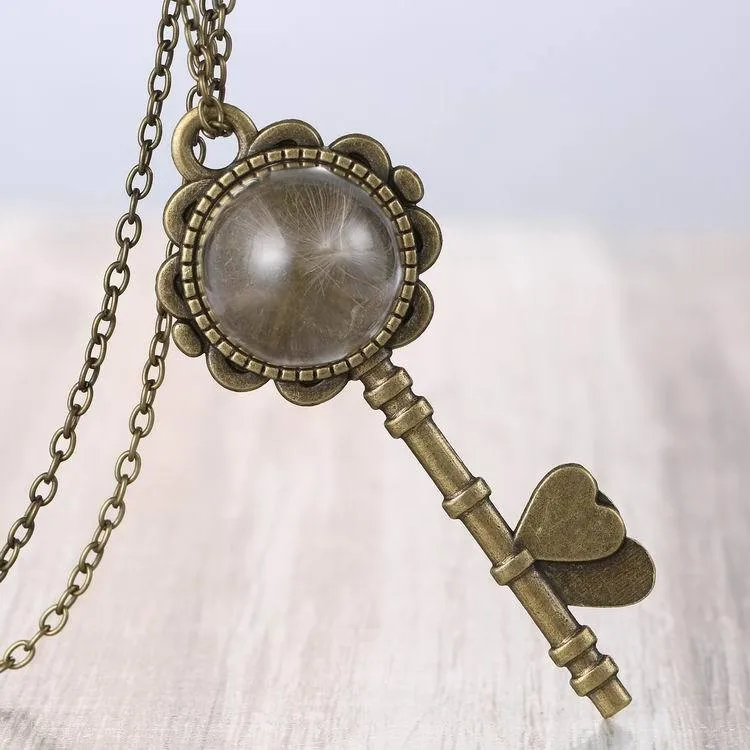 

Brand Plated Luxury Key Pendant Real Dandelion Long Chain Necklace Women Jewelry