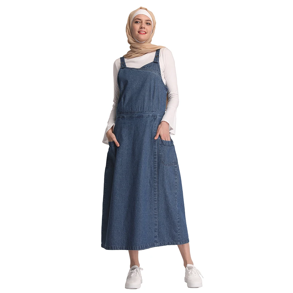 

Fashion muslim maxilong denim cowboy brace skirt with pocket, Blue