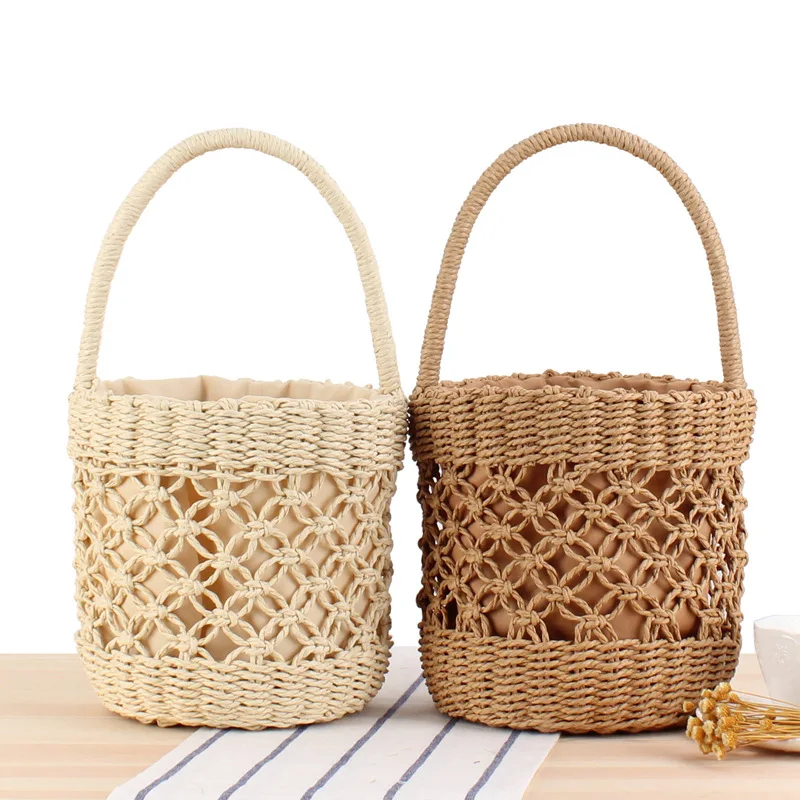 

2021 Newest designs summer beach bucket bag hollow basket straw bag, Beige