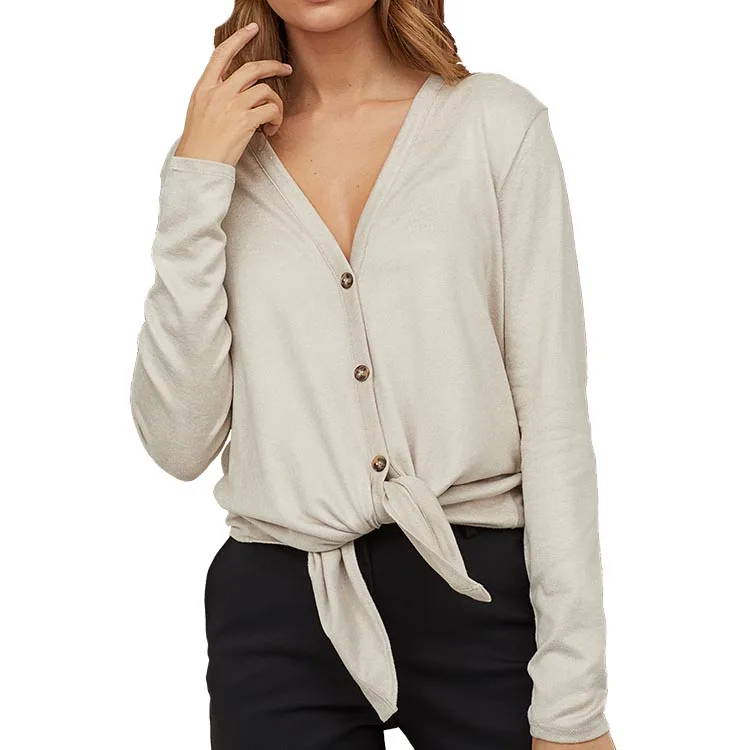 

Fashion V Neck Ladies Tie Hem Button Cardigan Viscose Sweater