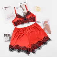 

Top Seller Wholesale Custom Silky Lace Sleepwear Red Sexy Satin Shorts Womens Pajama Set