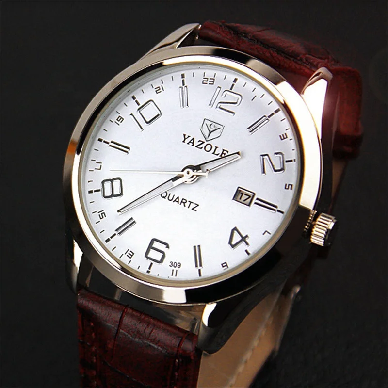 

309 yazole Calendar watches waterproof genuine leather watch Business men watch with date, Black and white dial