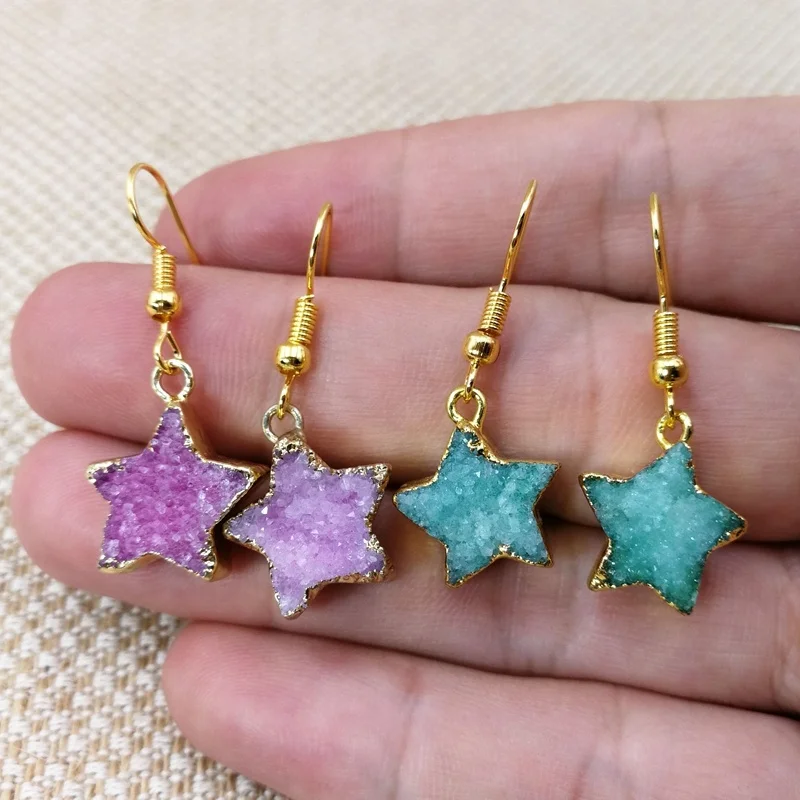 

Natural Crystal Bright Druzy Star Earrings Wholesale Drusy Jewelry Suppliers Gold Tone Stones Hoop Earrings For Women, Pink druzy earrings