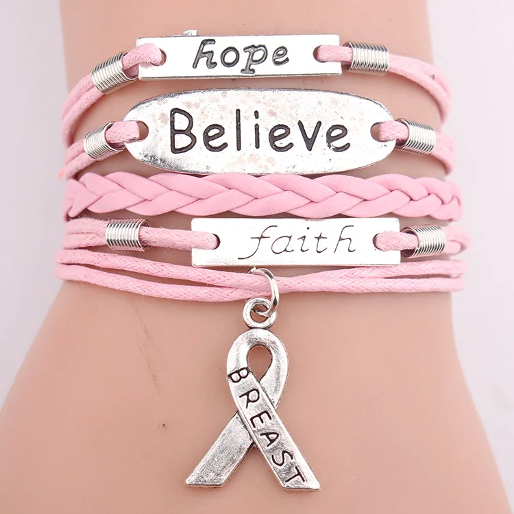 

Faith Believe Hope Charm Breast CANCER Women Bracelet Stacks Awareness Wrap Bracelets & Bangles For Women, Pink