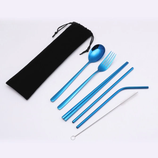 

304 stainless steel students travel cutlery spoon chopstick portable cutlery sets with pouch, Silver, gold, rose gold, black, rainbow, blue, purple