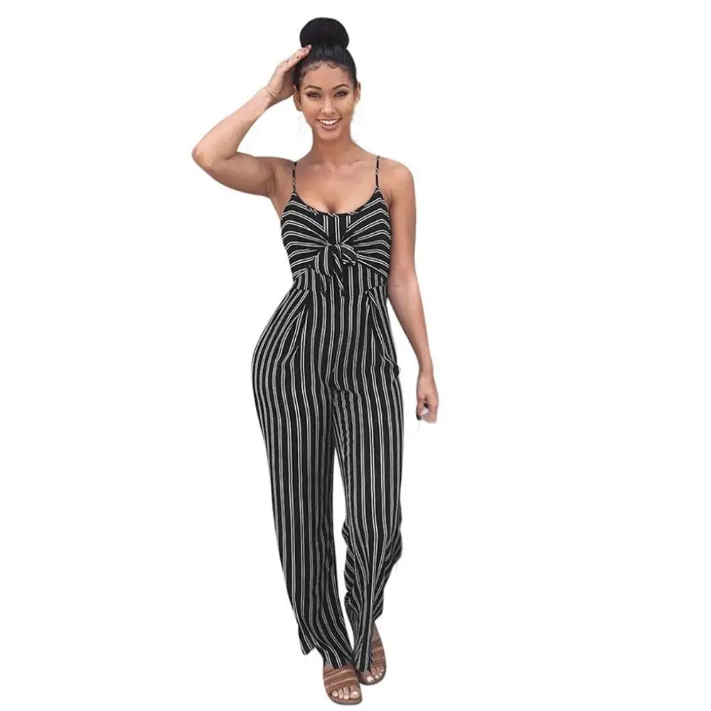 

Summer New Blue Bodycon Strap Jumpsuits Ladies Backless Stripe Overall Jumpsuit, Black;dark blue