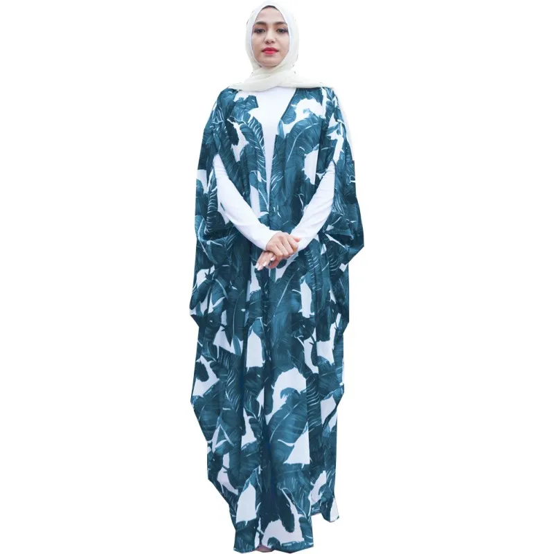 

Butterfly sleeves printing leaves kimono abaya, Green