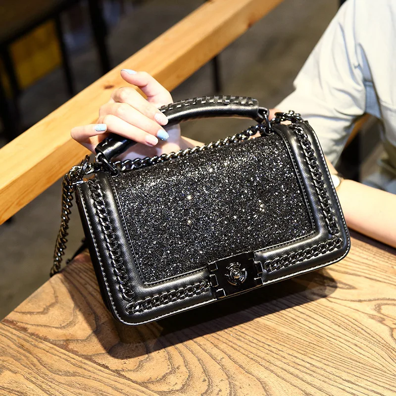 

2021 Popular New Style Girls Fashion Shoulder Bag PU Leather Chain Sequins Handbags for women, Black