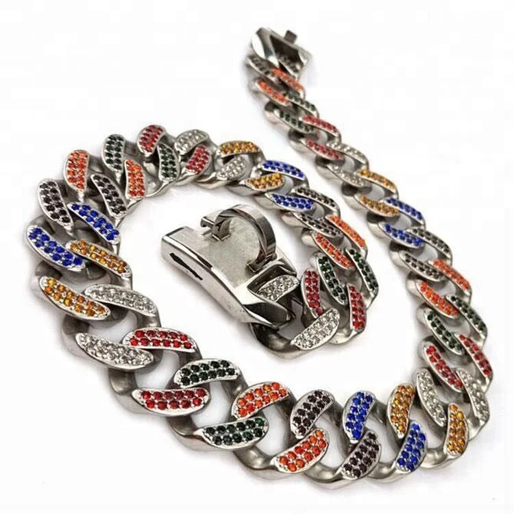 

Unique Casting Stainless Steel Cuban link dog chains for Female Bully Dog Bling Colorful Luxury Crystal Stone Diamond Pet Collar, Gold ,silver or customized