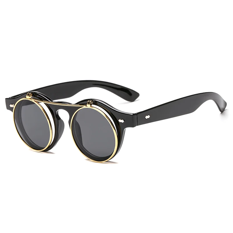 

10546 Superhot Eyewear Retro Vintage Flip Up Round Steampunk Sunglasses