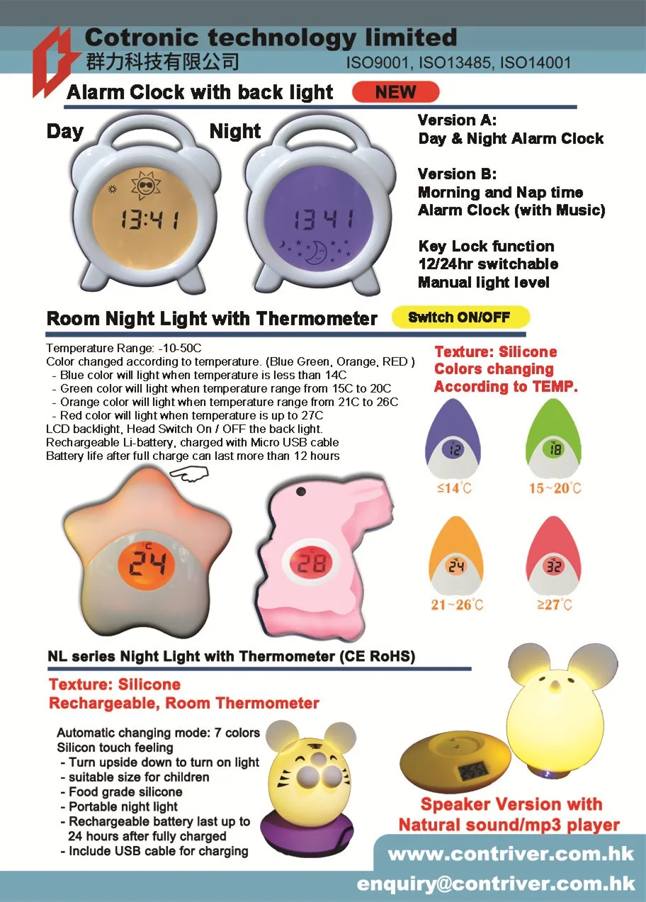 EN71 approval water drop design night light digital room thermometer