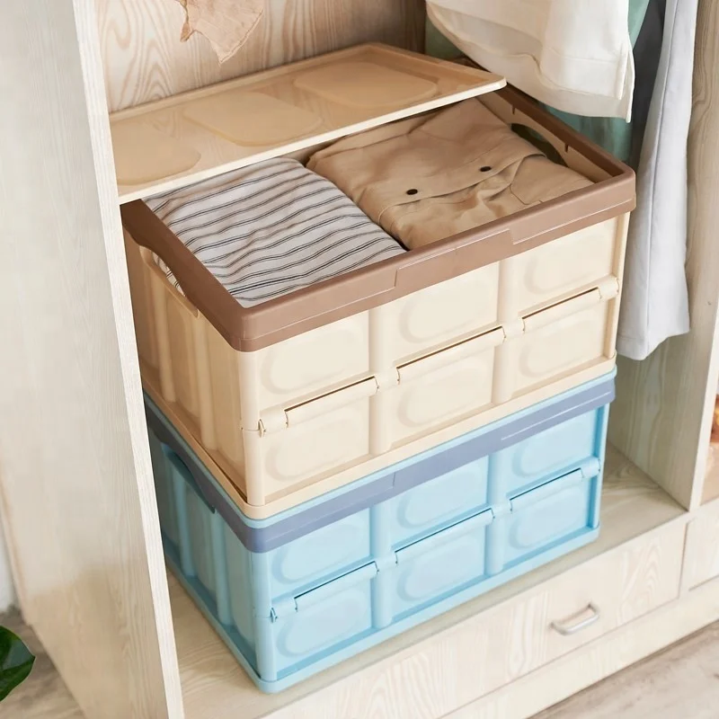 

Home collapsible foldable plastic storage box with lids, Beige , green , beige , blue
