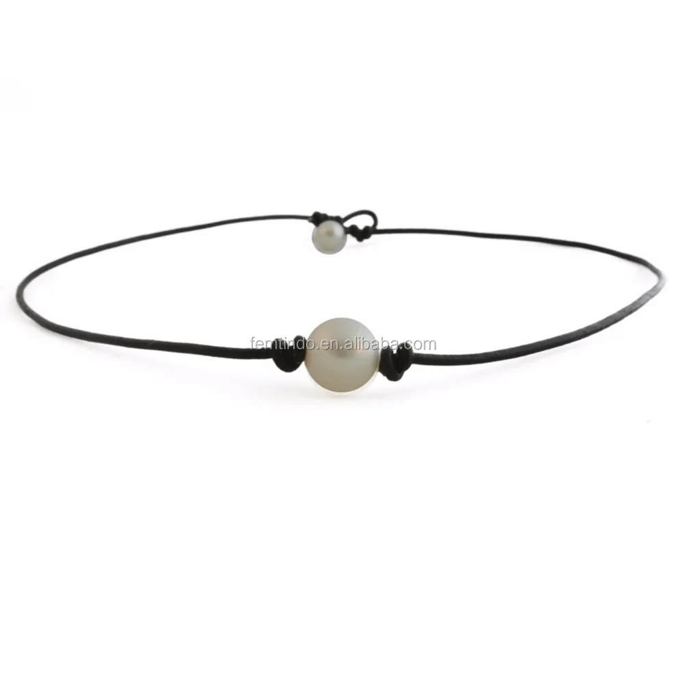 

Pearl Choker Necklace on Genuine Leather Cord for Women Handmade Choker Jewelry, Black