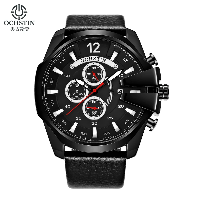 

OCHSTIN 062 Men Casual Quartz Big Face Watch Black Leather Strap Auto Date Male Watches, As picture