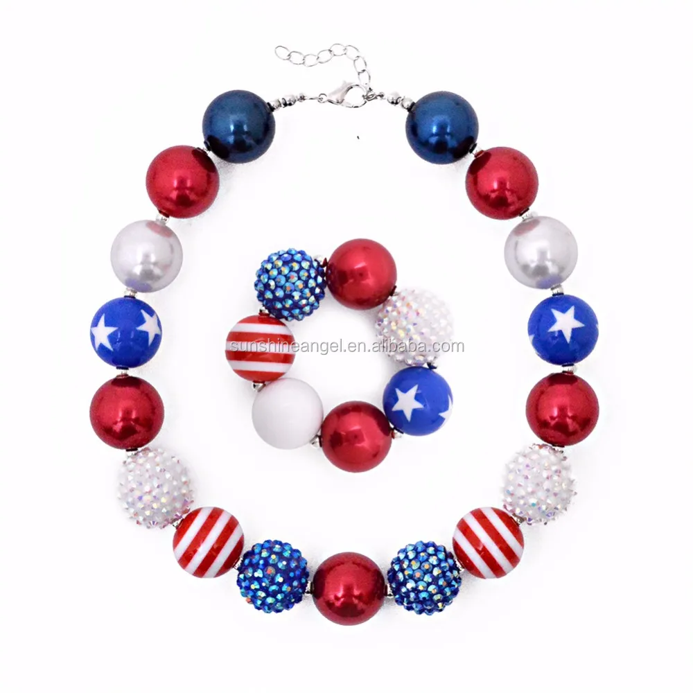 

Wholesale 4th of July Kids Chunky Bubblegum Latest Design Beads Necklace, Blue,red