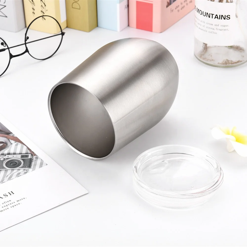 

12oz Stainless Steel Insulated Vacuum StemlessWine Glasses With Clear Lid, Silver