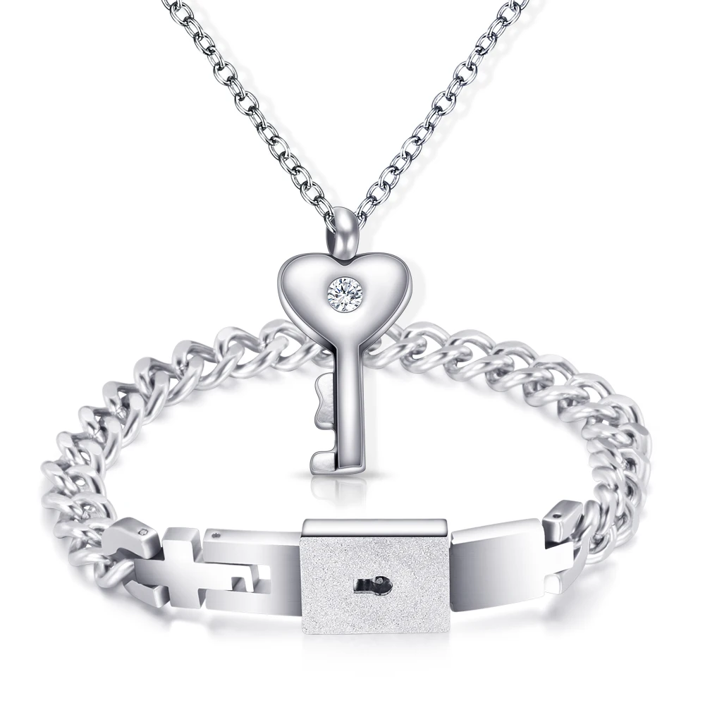 

Zhongzhe Jewelry Key Necklace Stainless Steel Wedding Bridal Bracelet Necklace Jewelry Set, OEM/ODM Accept, Silver