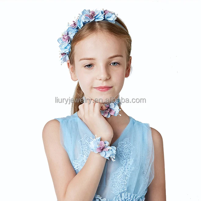 

fashion handmade flower hair band necklace and bracelet set for flower girls latest wedding hair jewelry accessories, As picture or customed