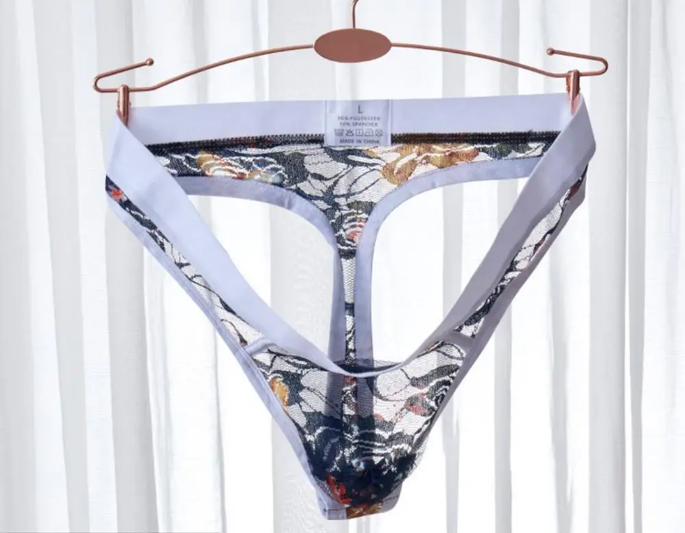 

New low waist men's thong sexy lace transparent underwear, White, black, royal blue