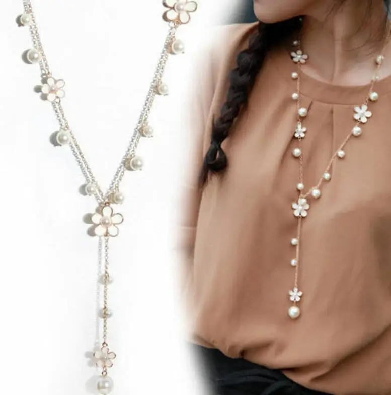 

Fashion Women Pearl Flower Sweater Chain Long Pendant Necklace New Jewelry