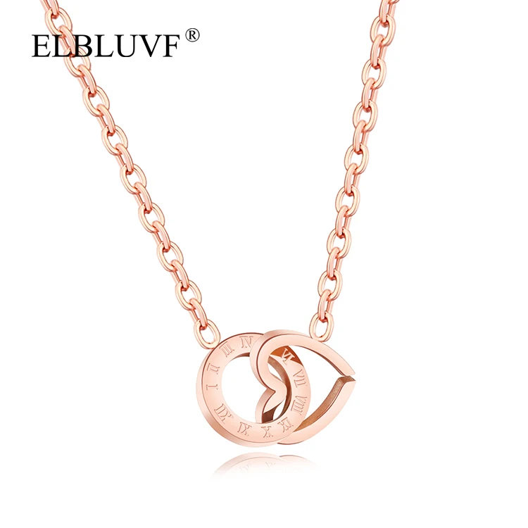 

ELBLUVF Free Shipping Stainless Steel Rose Gold Plated Roman Numeral Round Ring Heart Shape Pendant Necklace