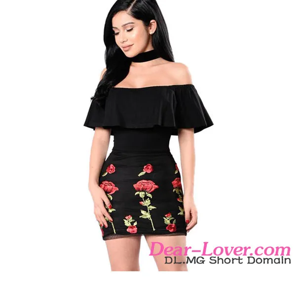 

Ruffle Off Shoulder Floral Embroidered Hot Girl Mini Dress, Black