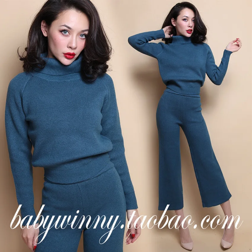 FREE SHIPPING 2016 New Vintage Peacock Blue Thick Warm Knitted Turtleneck Short Sweater And Wide Leg