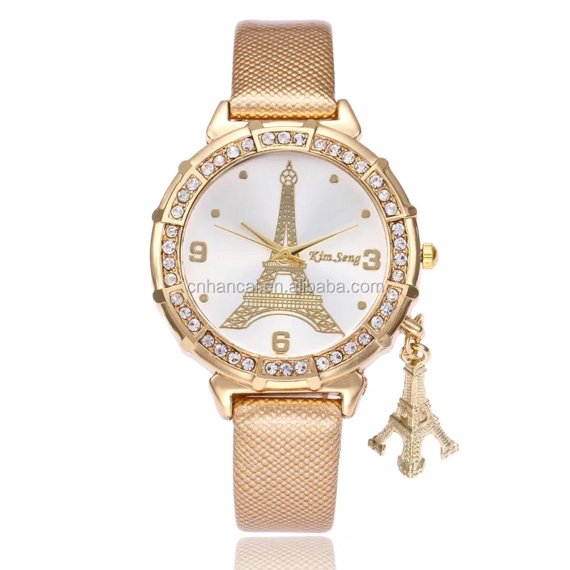 

Hot Sale Women Quartz Wrist The Eiffel Tower Rhinestone Pendant Wrist Watch Female Clock Relogio Feminino