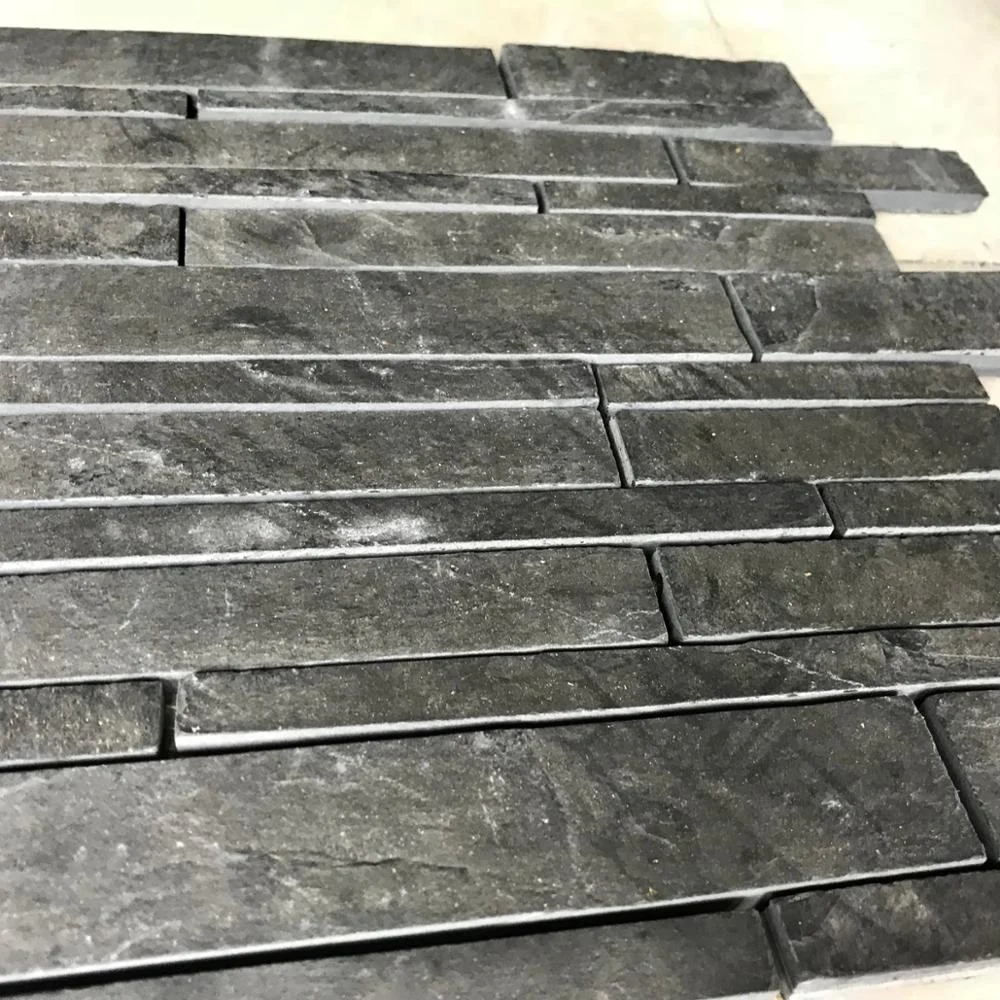 Chinese natural split strip interlock black slate mesh mosaic wall tile and floor paver tiles