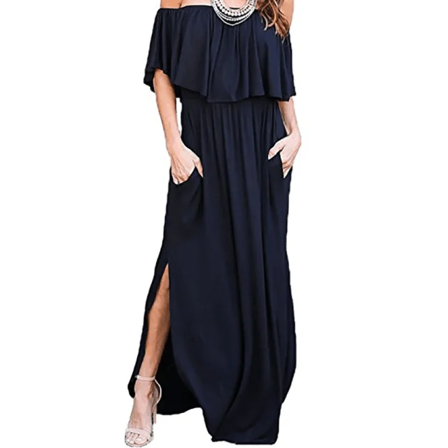 

2018 New Arrival Women Off Shoulder Dress Women short Sleeves Slash Neck Casual Lotus Leaf Hem Long Dress, N/a