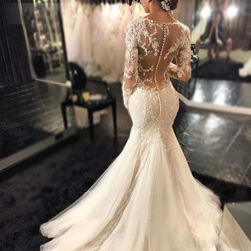 New styles appliqued lace layered skirt plus big size mermaid trumpet long sleeve wedding dresses  MWA258